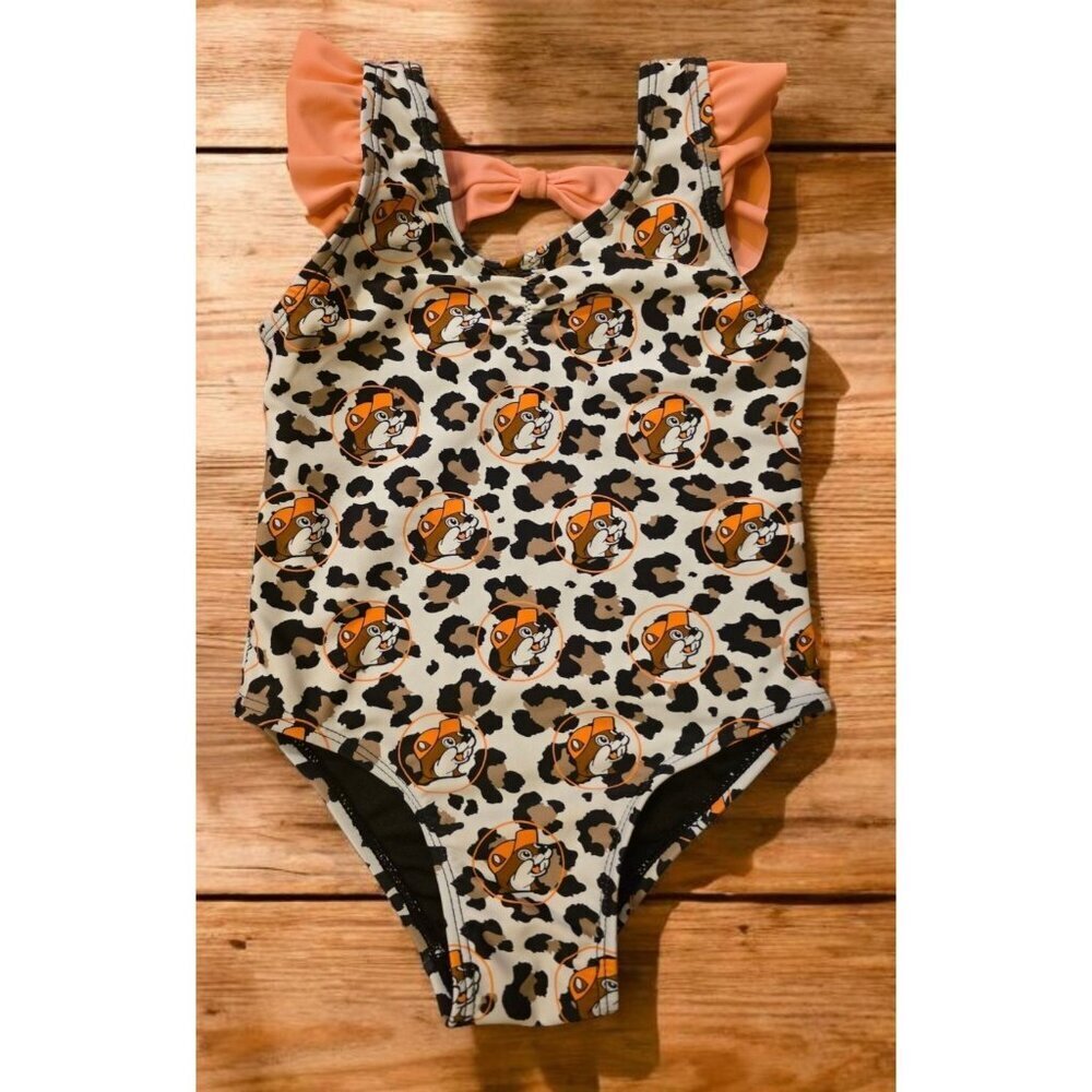 Buc-ee's Girls‎ One Piece Swimsuit Toddler Small Logo Leopard Print Bow Back EUC